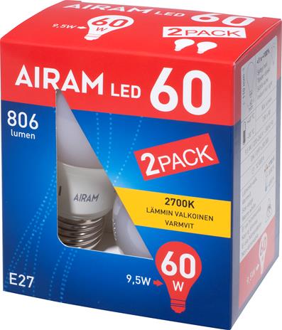 Vakiokupulamppu Led 9,5W 2 pack 806lm 2700k E27 kanta
