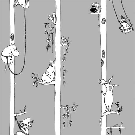 Kuitutapetti Moomin Muumit puussa Harmaa