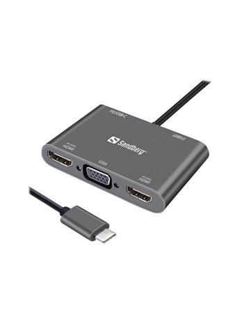 SANDBERG USB-C Dock 2xHDMI+1xVGA+USB+PD, telakointiasema
