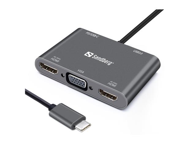 SANDBERG USB-C Dock 2xHDMI+1xVGA+USB+PD, telakointiasema