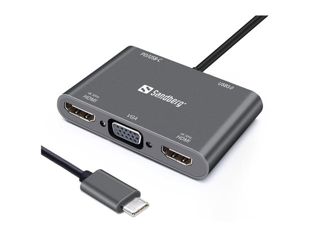 SANDBERG USB-C Dock 2xHDMI+1xVGA+USB+PD, telakointiasema