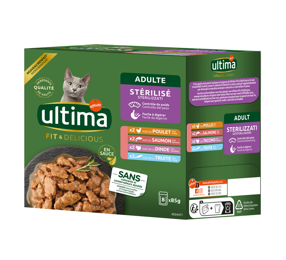 8x 85g Ultima Sterilized Mix I (kana, kalkkuna, lohi, taimen) märkäruokaa kissoille.