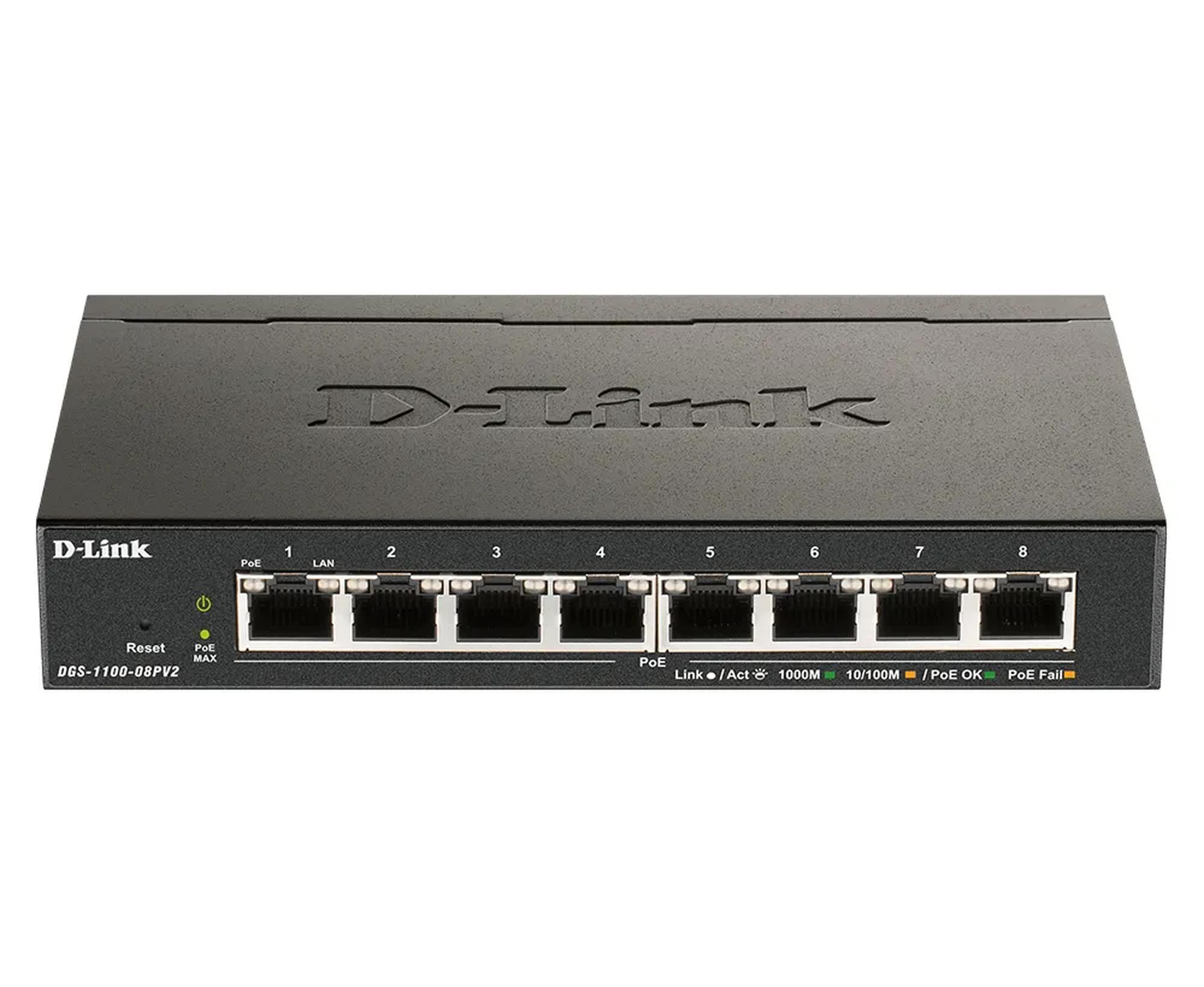 D-Link DGS-1100-08PV2/E - 8-porttinen hallittava Gigabit Power over Ethernet -kytkin, Musta