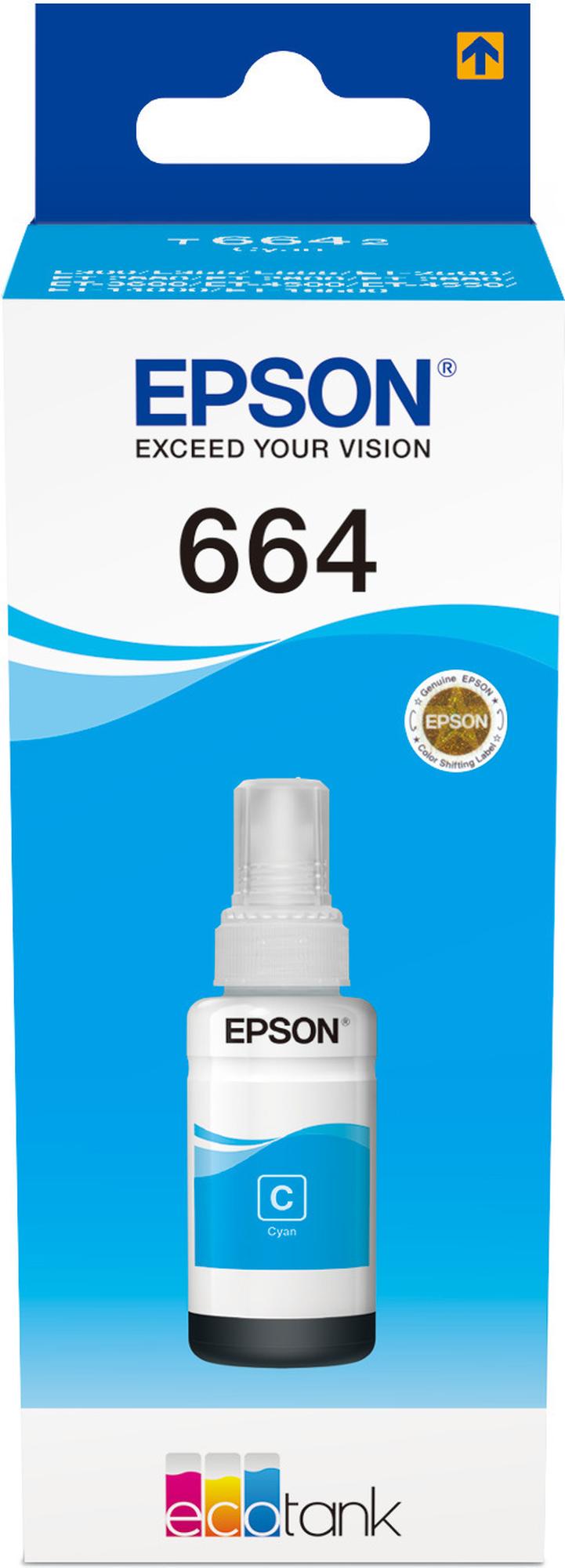 Epson T664 EcoTank -mustepullo, syaani