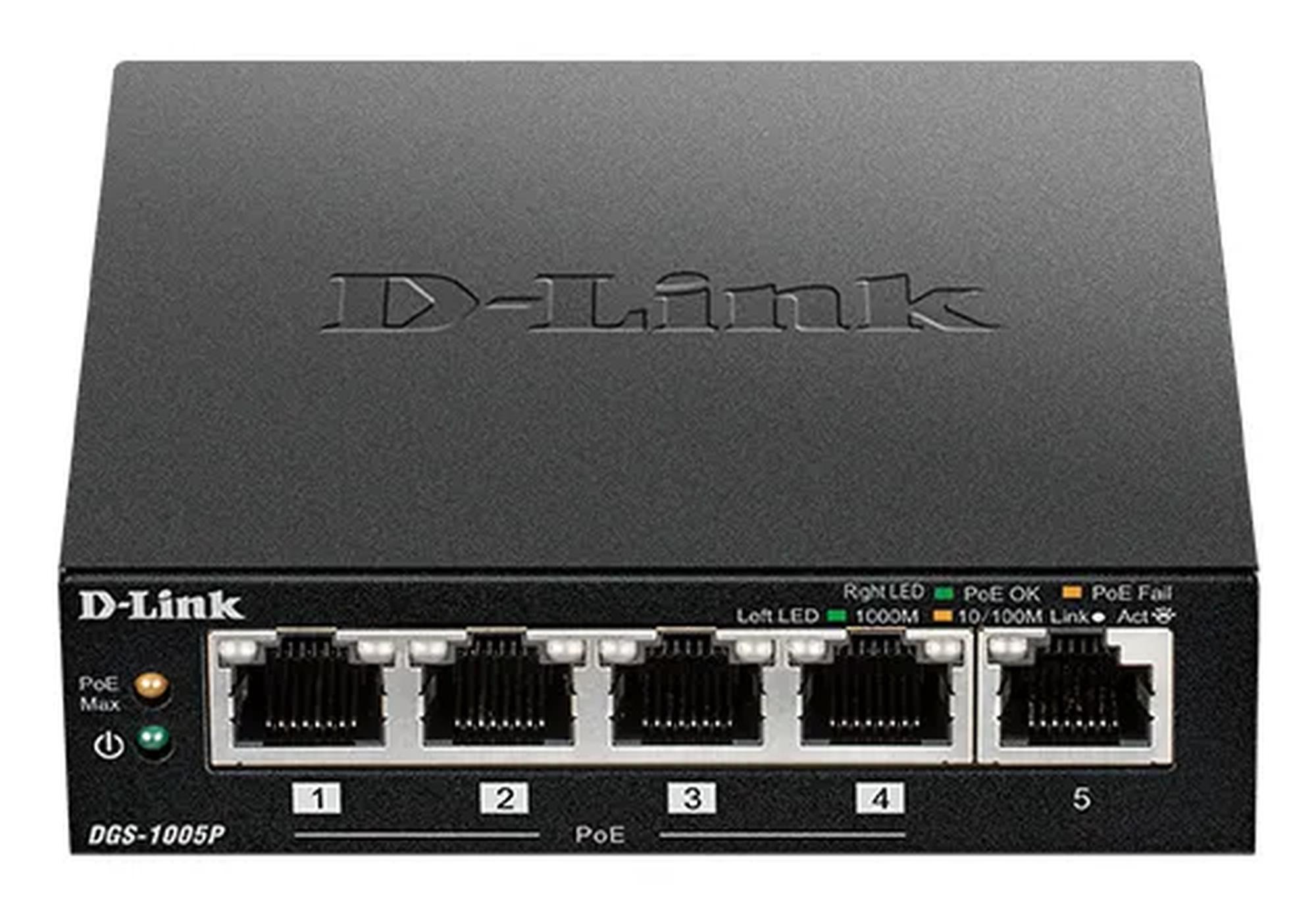 D-Link DGS-1005P/E - Hallitsematon 5-porttinen Gigabit PoE+ -kytkin, Musta