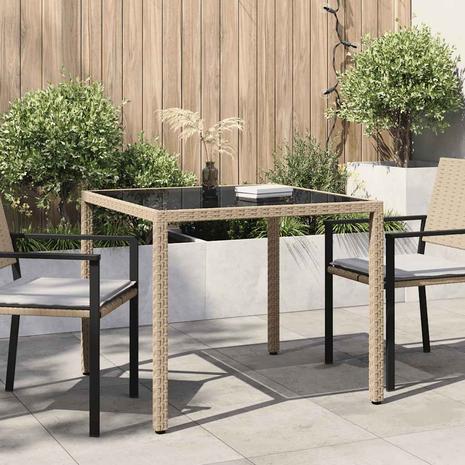 vidaXL Puutarhapöytä 90x90x75 cm karkaistu lasi ja polyrottinki beige, Puutarhakalusteet