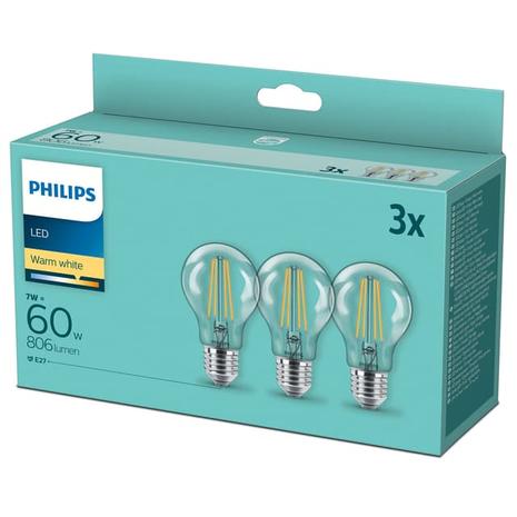 LED E27 normaali kirkas 60 W, 3/pakk.