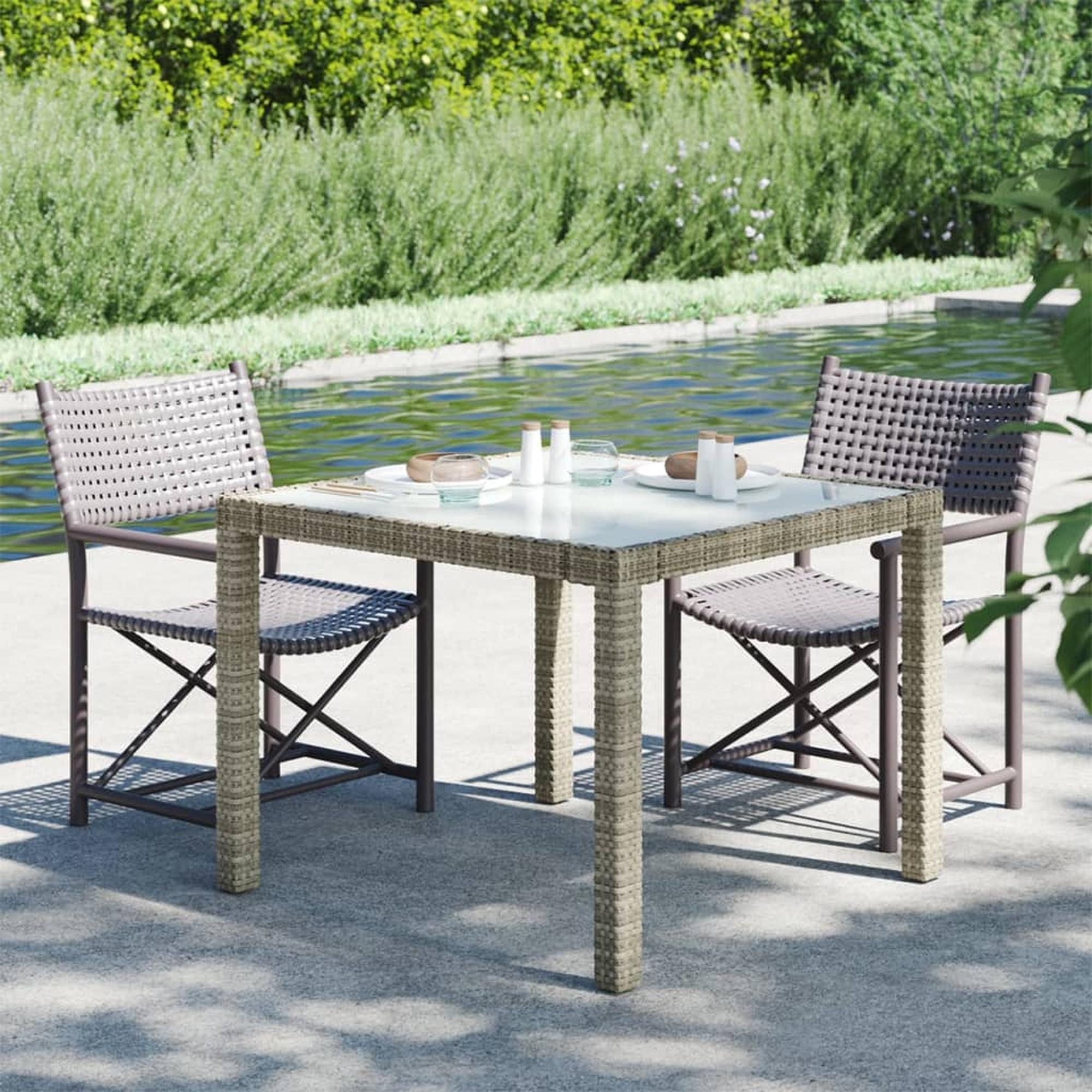 vidaXL Puutarhapöytä 90x90x75 cm karkaistu lasi ja polyrottinki harmaa