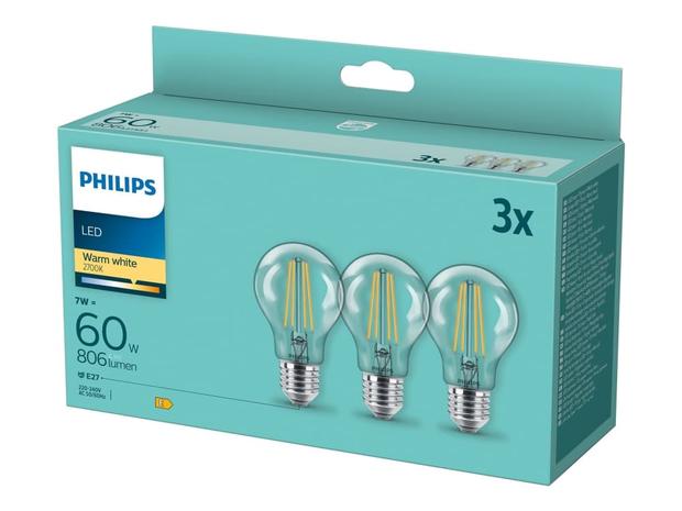 LED E27 normaali kirkas 60 W, 3/pakk.