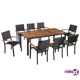 vidaXL 9-osainen Ulkoruokailuryhmä polyrottinki ja akaasiapuu musta