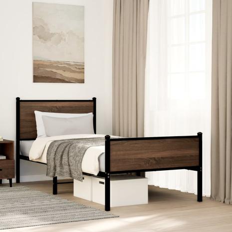 vidaXL Metallinen sängynrunko ilman patjaa ruskea tammi 90x200 cm