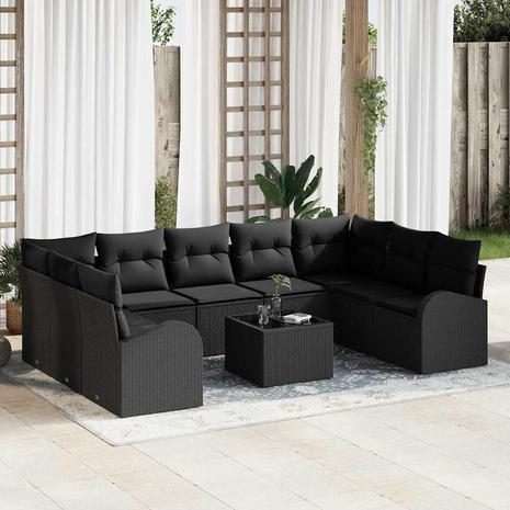 vidaXL Sohvasetti tyynyllä 10 pcs Musta Poly Rattan