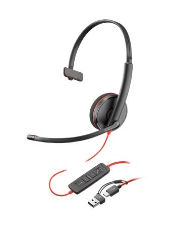 HP Poly Blackwire C3210 MS Mono (8X214A6) USB-C, kuulokemikrofoni ja USB-C/-A-sovitin