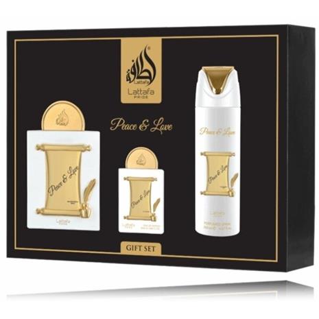 Lattafa Pride Peace & Love lahjapakkaus, EdP 100 ml + EdP 20 ml + deodorant spray 200 ml