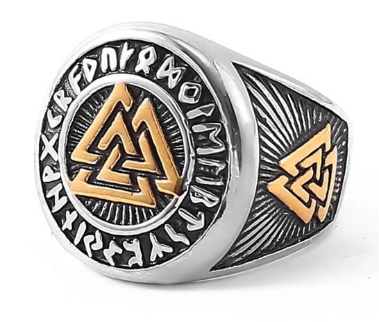 Lykken Viking Valknut kulta-hopea terässormus 17.5 mm