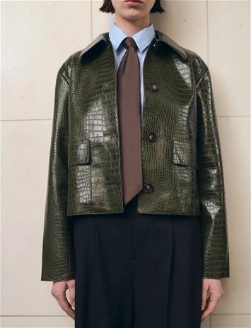 Mango Croc-Effect Faux Leather Jacket - Khaki green - XL