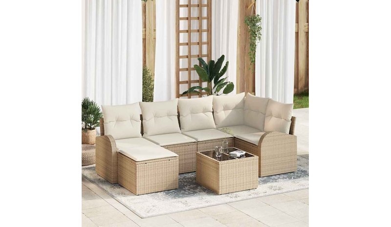 vidaXL Sohvasetti tyynyllä 7 pcs Beige ja Valkoinen polyrottinki