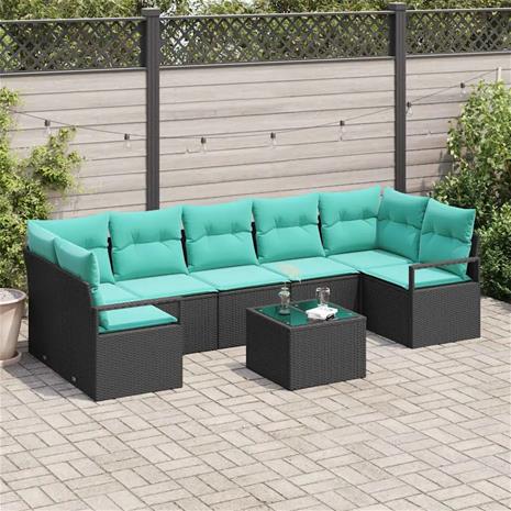 vidaXL Sohvasetti 8 pcs Mustaa ja turkoosia polyrottinki
