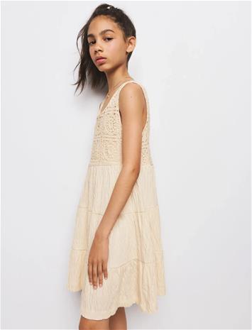 Mango Embroidered Textured Dress - Beige - 9-10