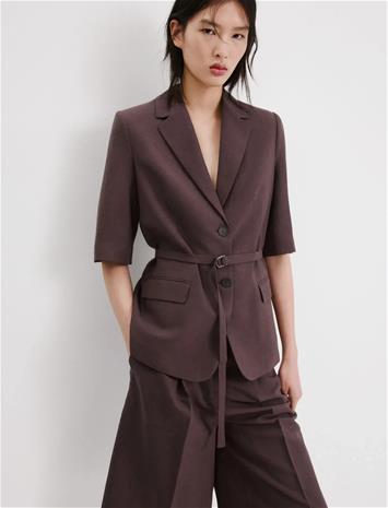 Mango Linen Suit Jacket With Belt - Purple - XL