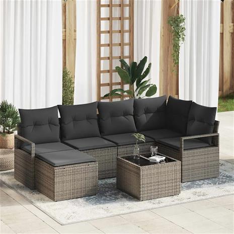 vidaXL Sohvasetti tyynyllä 7 pcs Vaaleanharmaa polyrottinki – kuva 3/6