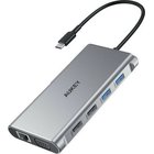 Aukey alumiininen USB-C 10-in-1 -keskitin RJ45 Ethernet 10/100/1000Mbps, 4xUSB, HDMI 4k@30Hz, SD/microSD, USB-C virtalähde 100W, hopea, 24 kk takuu