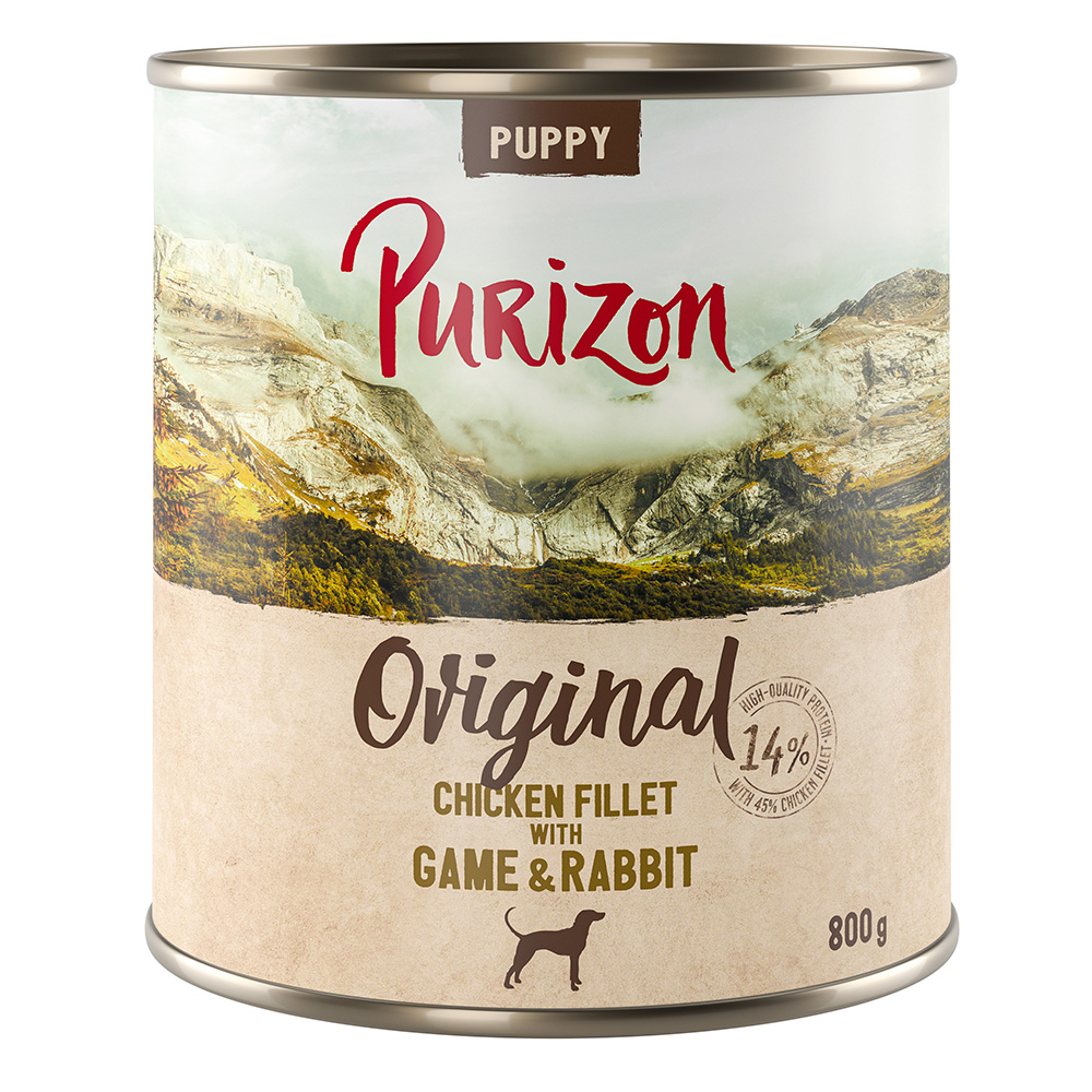 6x 800g Puppy kanafilee, riista & kani Purizon koiran märkäruoka