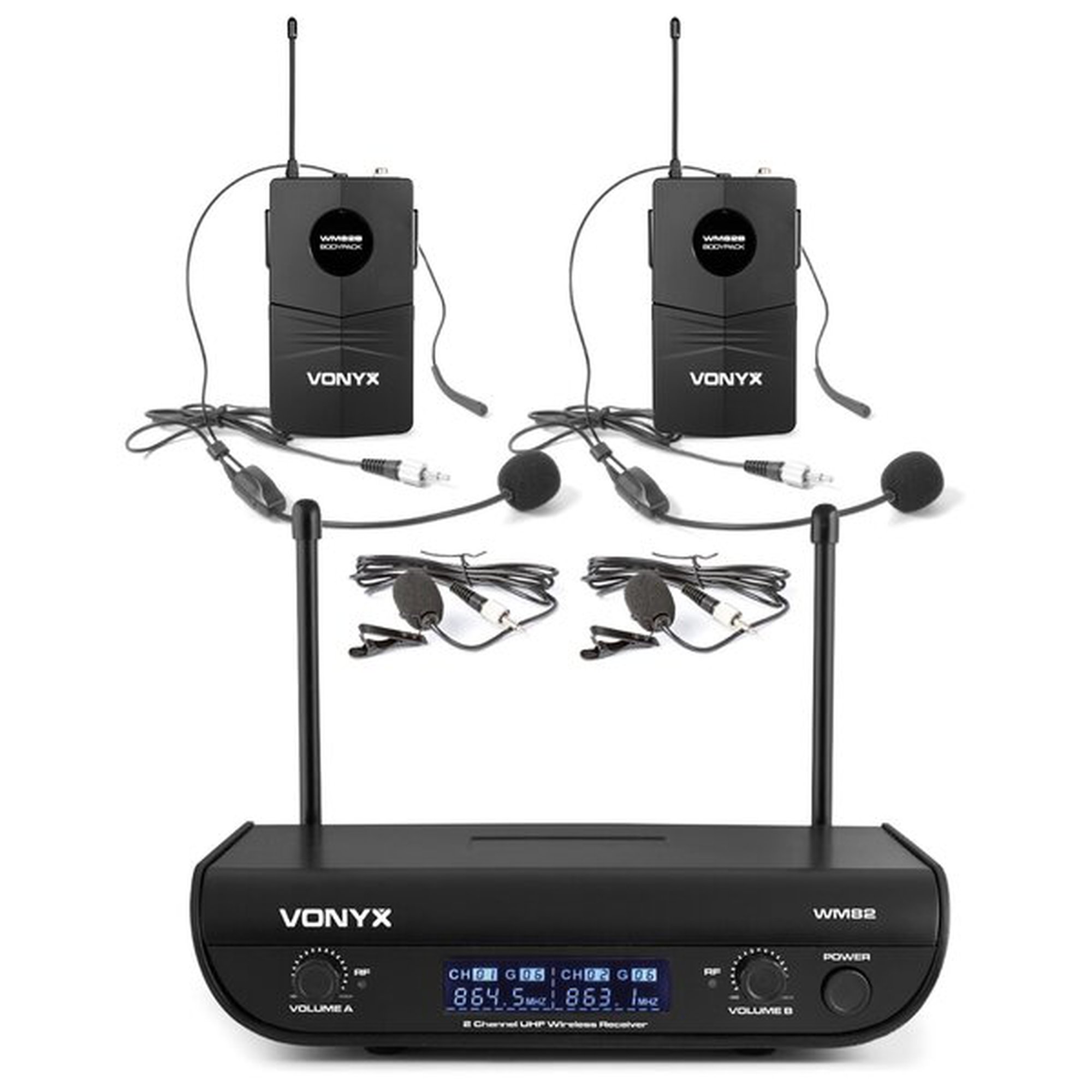 Vonyx WM82B digitaalinen UHF 2-kanavainen langaton mikrofonisarja 2 rungolla