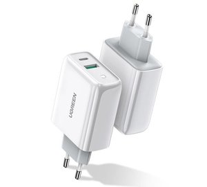 Nopea USB-C + USB laturi, valkoinen