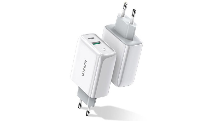 Nopea USB-C + USB laturi, valkoinen