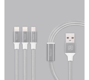 Recci Delicate RCS-H120 3 in 1 Micro USB + 2 x Lightning Nopea Lataus 1,2 m Harmaa