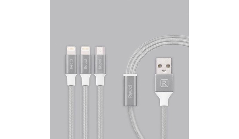 Recci Delicate RCS-H120 3 in 1 Micro USB + 2 x Lightning Nopea Lataus 1,2 m Harmaa