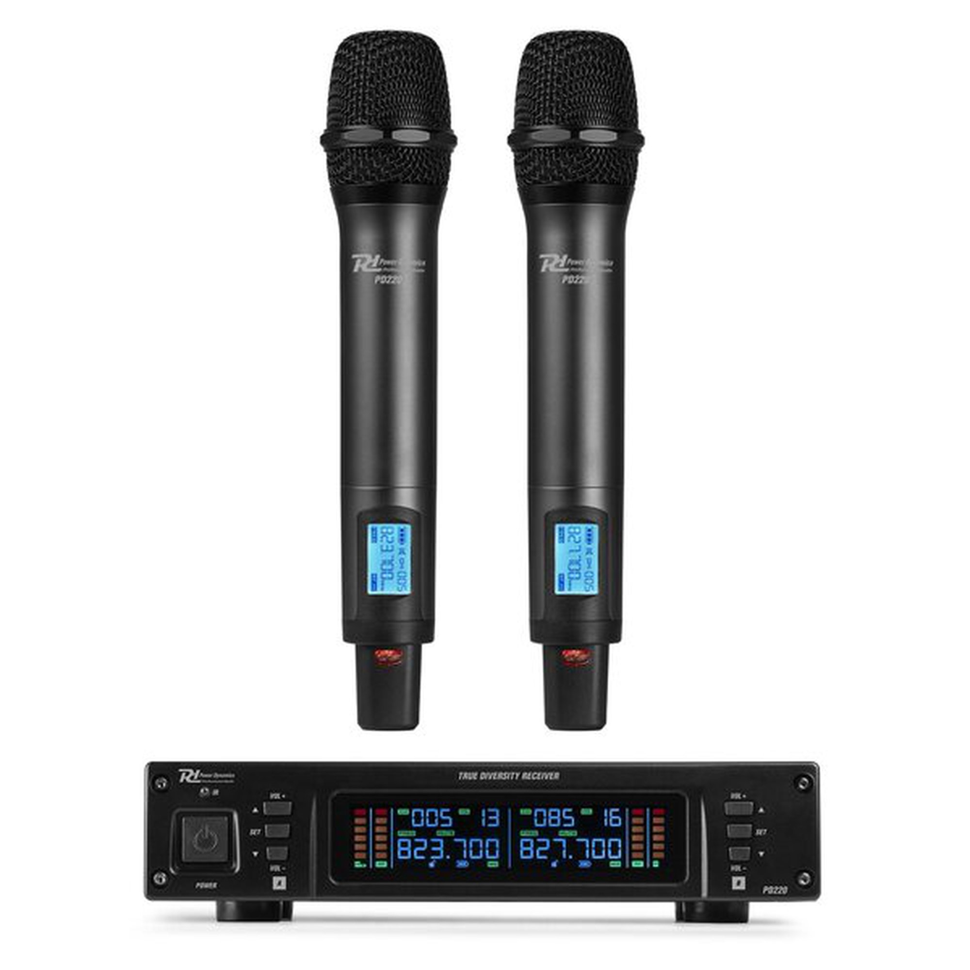 Power Dynamics PD220 2 x 80-kanavainen UHF-langaton mikrofoni, jossa kaksi kädessä pidettävää mikrofonia, True Diversity -järjestelmä HH