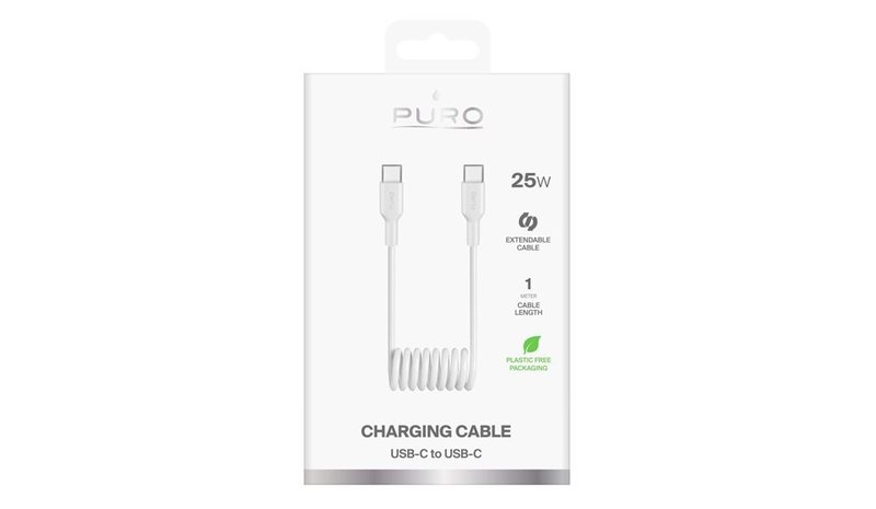 Puro 25W USB-C Spiral Cable - USB-C 1m - White – kuva 1/6