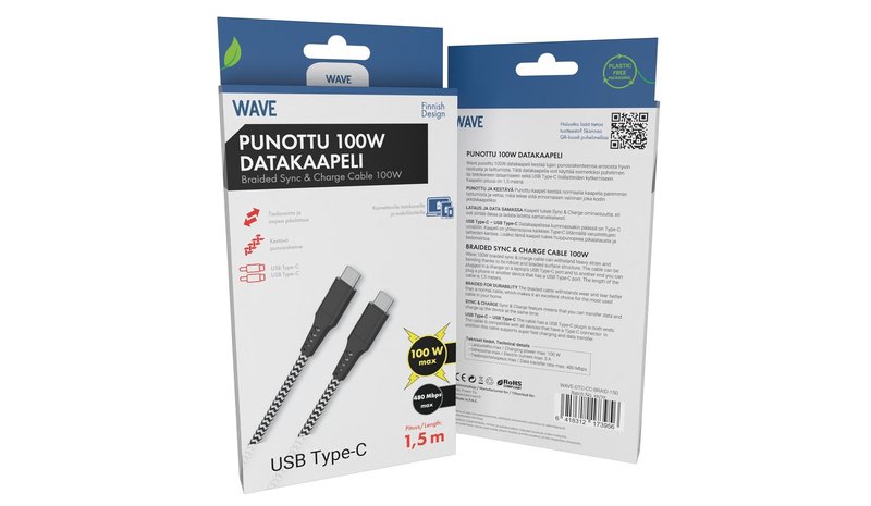 Wave Braided USB-C to USB-C 100W Data Cable 1.5m Black/White