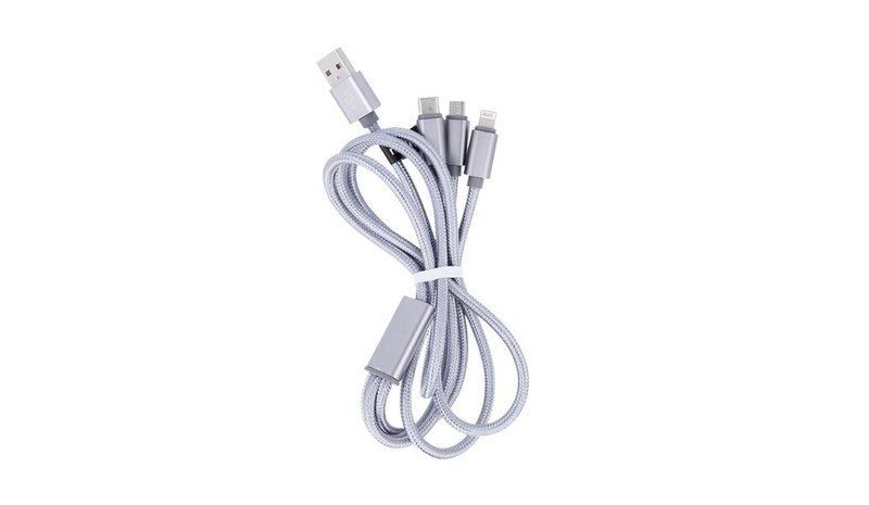 Maxlife 3in1 kaapeli USB - Lightning + USB-C + microUSB 1,0 m 2,1A harmaa nailon