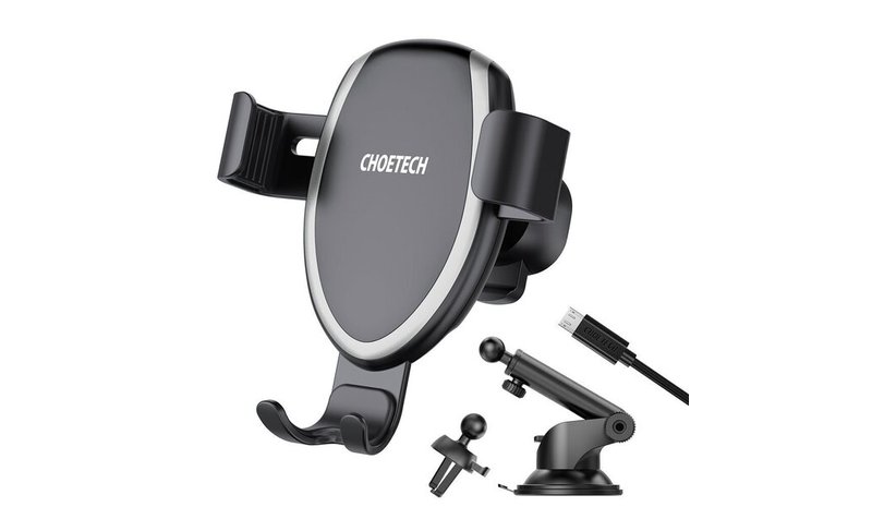 Choetech Qi langaton laturi 10 W Gravity auton ohjaamon pidike kojelauta + pidike ilmanvaihtoritilän ilmavirtaukseen + 1,2 metrin mikro-USB-kaapeli musta (T536-S) – kuva 1/1