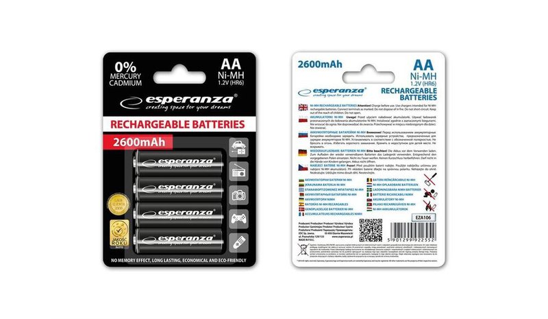Ladattavat akut Esperanza EZA106 Ni-MH AA 2600MAH x4