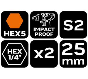 Neo Tools iskuterät kuusio 5 x 25 mm, 2 kpl.
