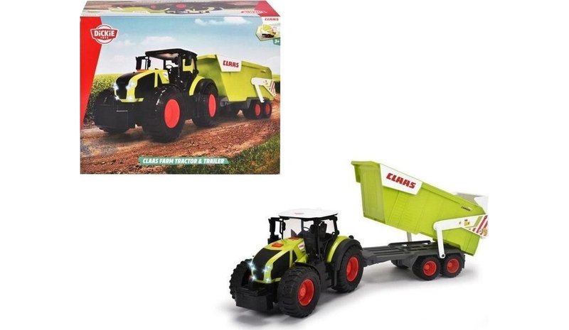 Traktori perävaunulla Claas 64cm ja dinosaurushahmot