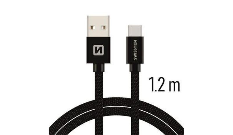 Swissten Textile Universal Quick Charge 3.1 USB-C Data- ja latauskaapeli 1.2 m musta