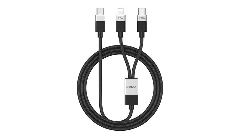 BWOO Punottu 2-in-1 kaapeli USB-C - USB-C ja Lightning 1 m 100W27W musta