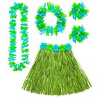 VIHREÄ HAWAII-SETTI (hulahame kukkavyöllä, kukkaseppele, kruunu, 2 rannekorua)