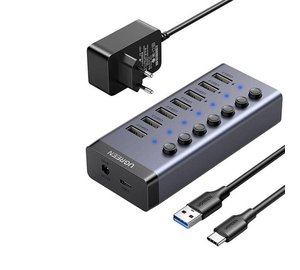 UGREEN Hub 7in1 USB-C, 7x USB-A 3.0 12V 2A (musta)