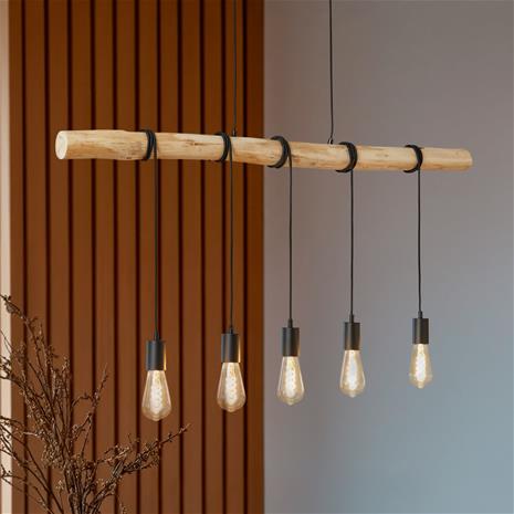Lindby Rom -riippuvalo puutangolla, 5-lamp.