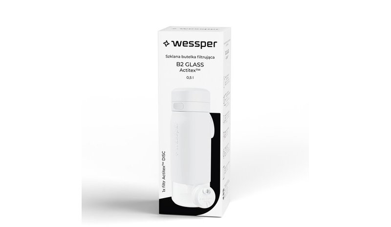 Wessper B2 Actitex valkoinen 500ml lasinen vedensuodatinpullo Bidon