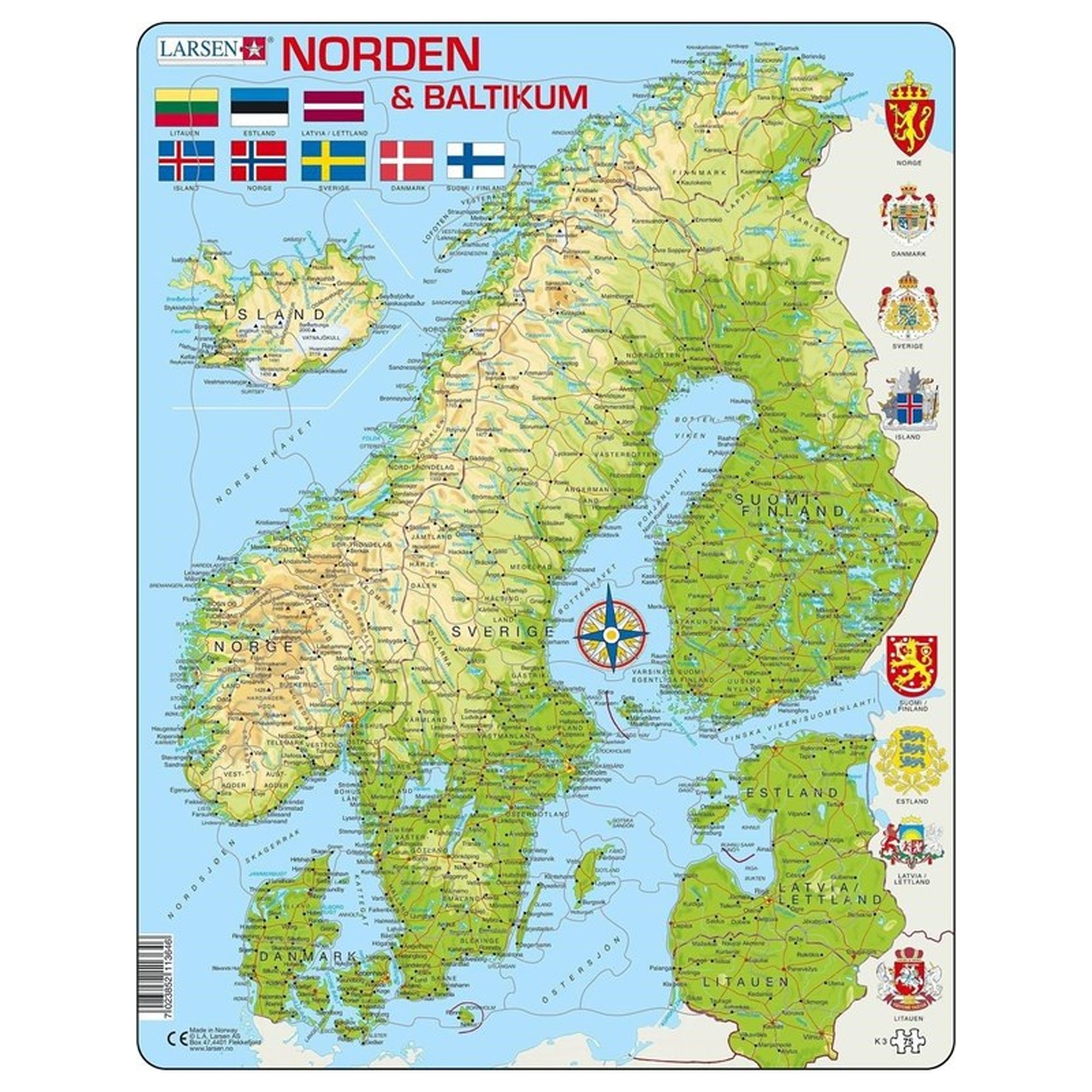 Larsen Puzzles Palapeli Pohjoismaat - 75-palainen, Maxi (36.5x28.5 cm)
