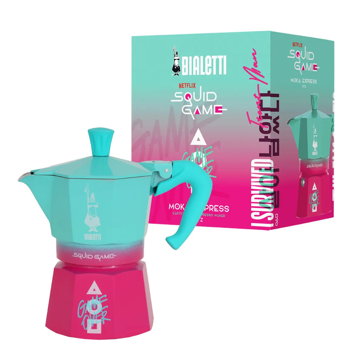 Bialetti Moka Express Squid Game -mutteripannu, 3 kuppia, alumiini, sininen, vaaleanpunainen
