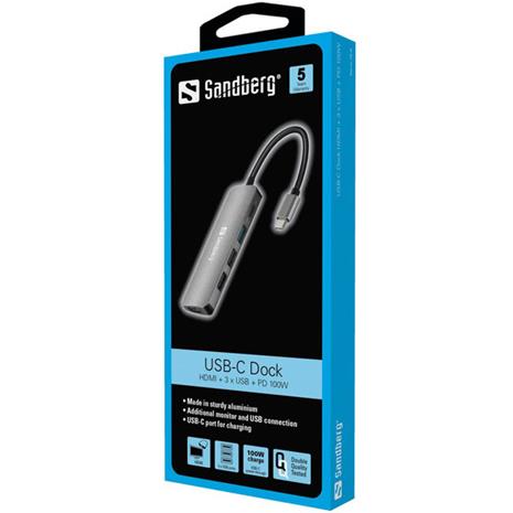 Sandberg USB-C Dock HDMI+3xUSB+PD 100W, Alu