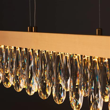 LED-riippuvalaisin Celestia, pituus 110 cm messinkivärinen kristalli